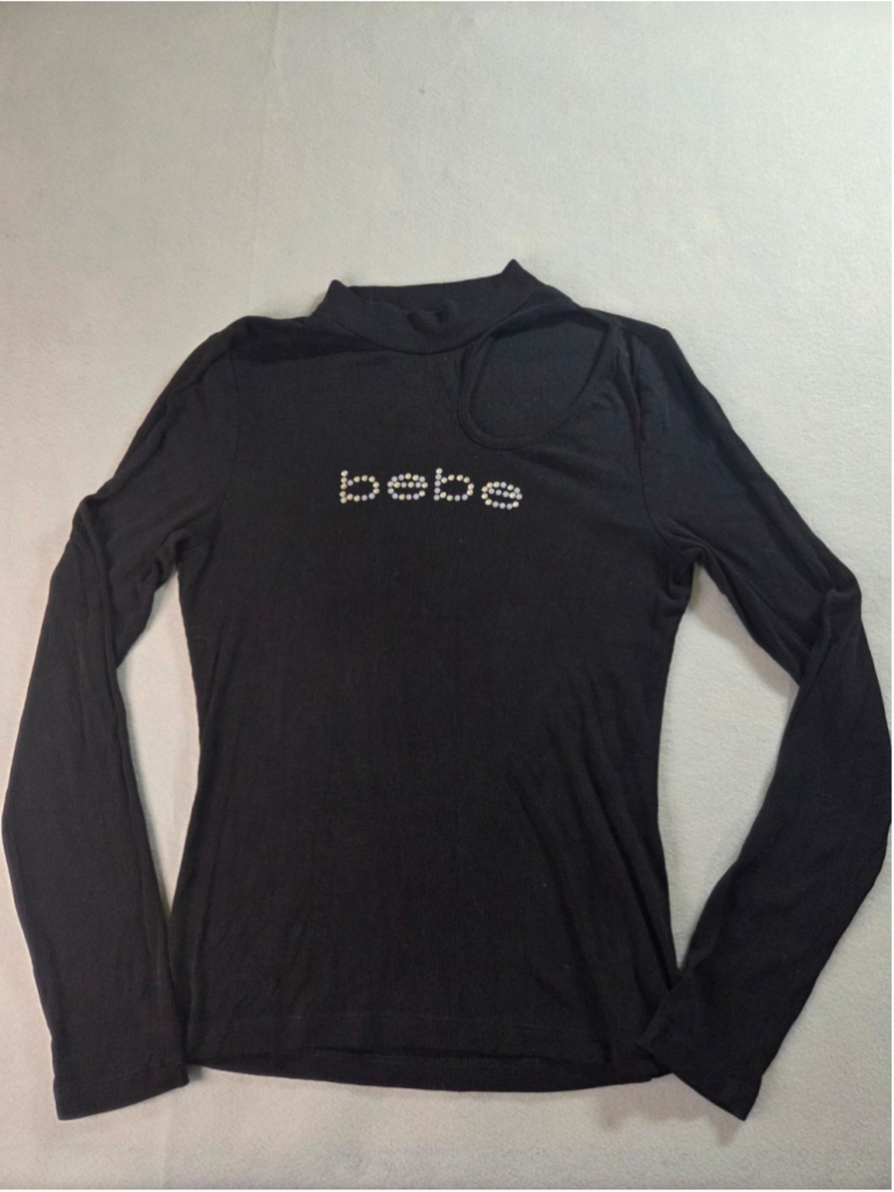 ✨ Vintage Y2K bebe Black Ribbed Cutout Rhinestone Logo Top - Size L ✨